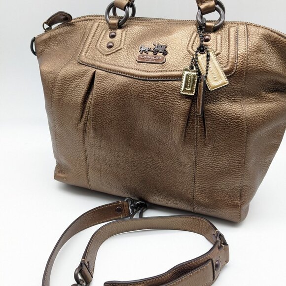 COACH  pebbled genuine leather metallic satchel shoulder bag purse - Copper - Picture 9 of 16